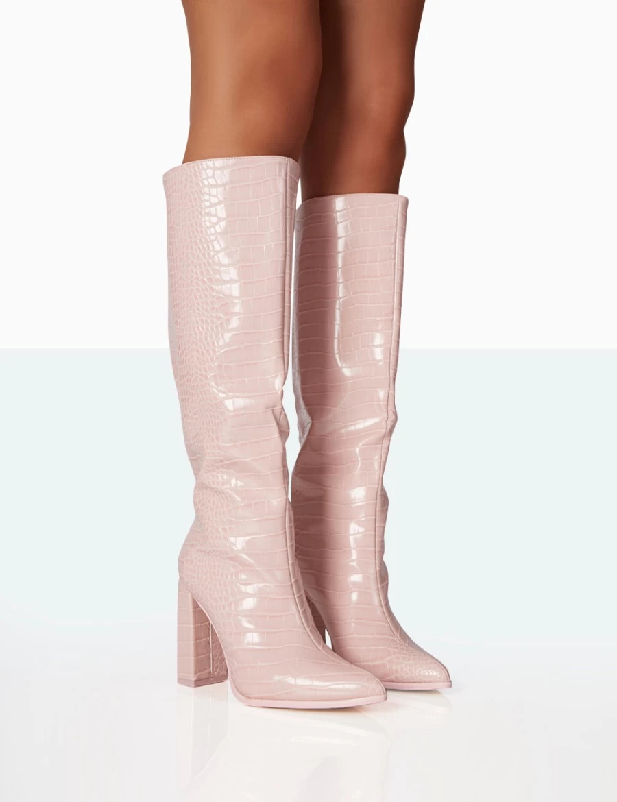 Public Desire Women's Pink Posie Baby Croc Knee High Block Heel Boots