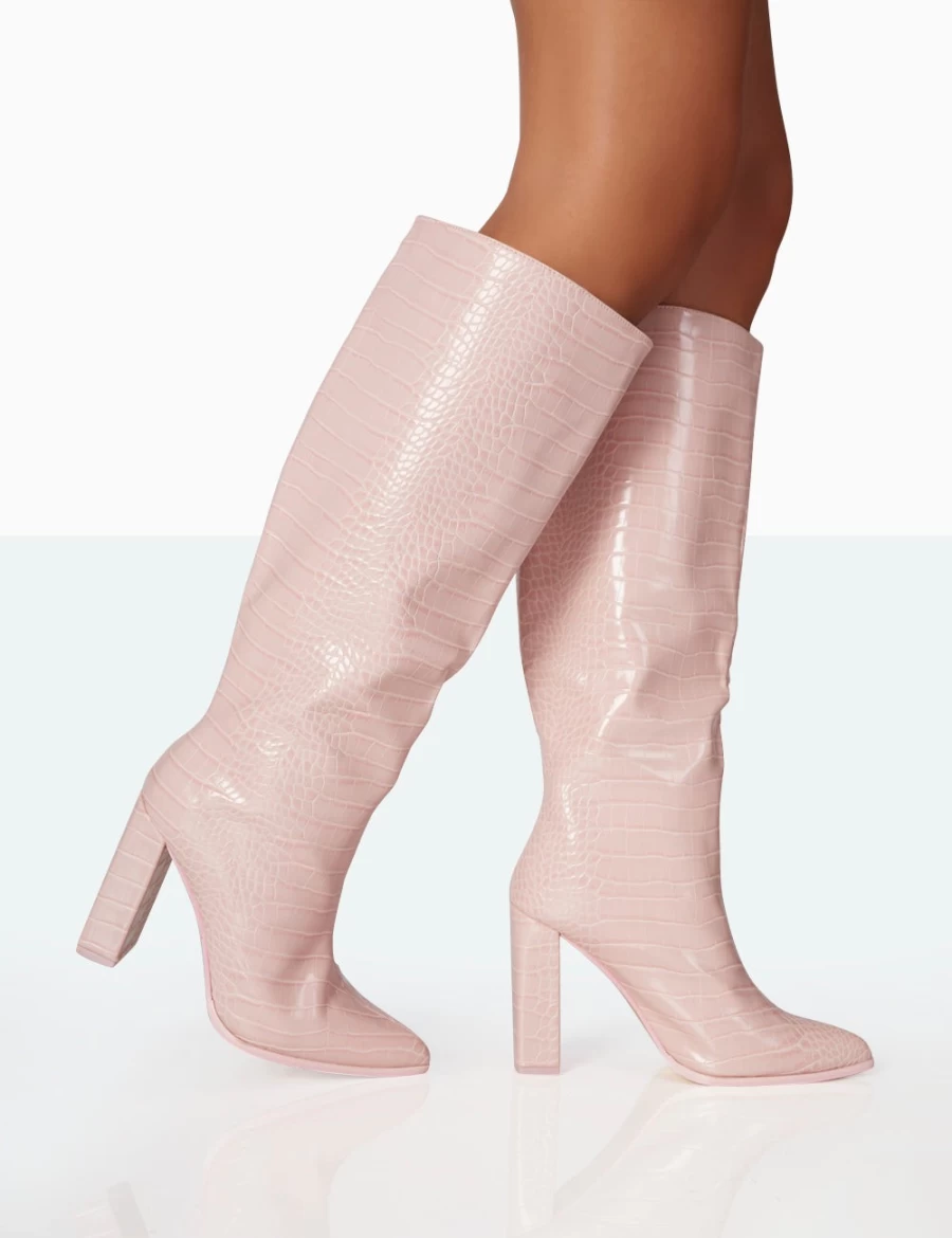 Public Desire Women's Pink Posie Baby Croc Knee High Block Heel Boots