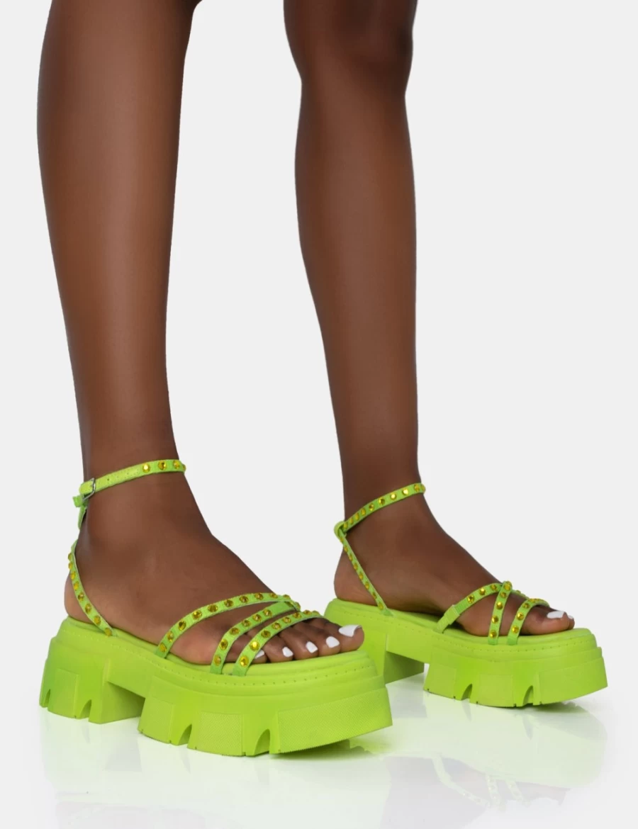Public Desire Women's Lime Orbit Diamante Strappy Chunky Platform Sandals