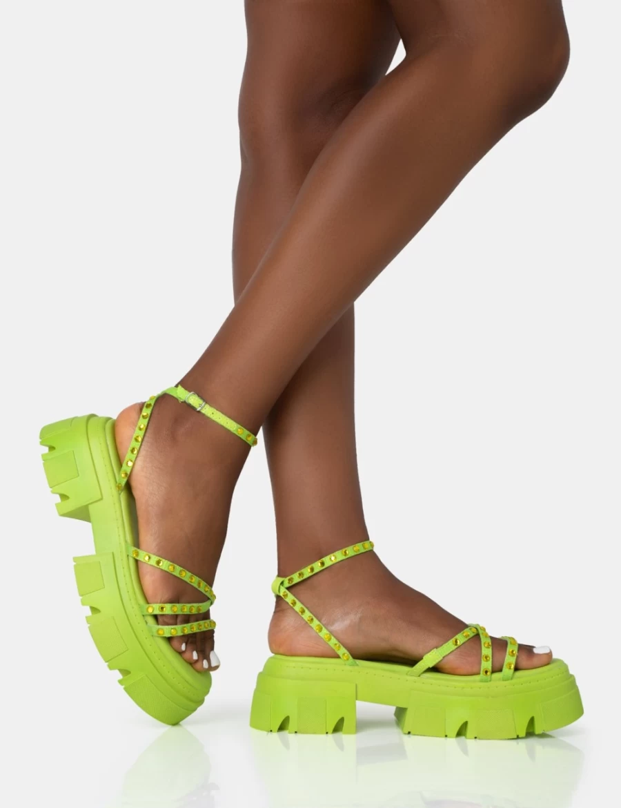 Public Desire Women's Lime Orbit Diamante Strappy Chunky Platform Sandals