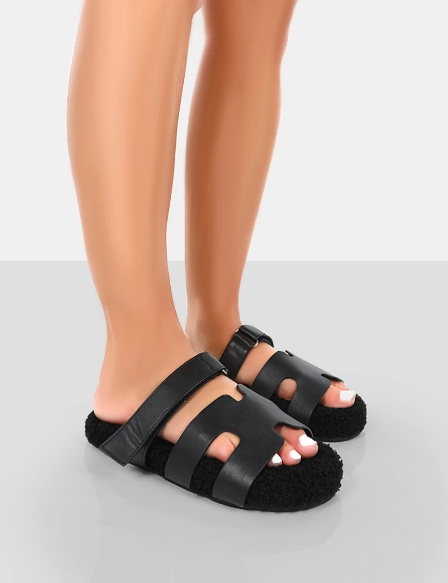 Public Desire Women's Black Borg Cut-Out Flat Sandals - Hot Fuzz Style