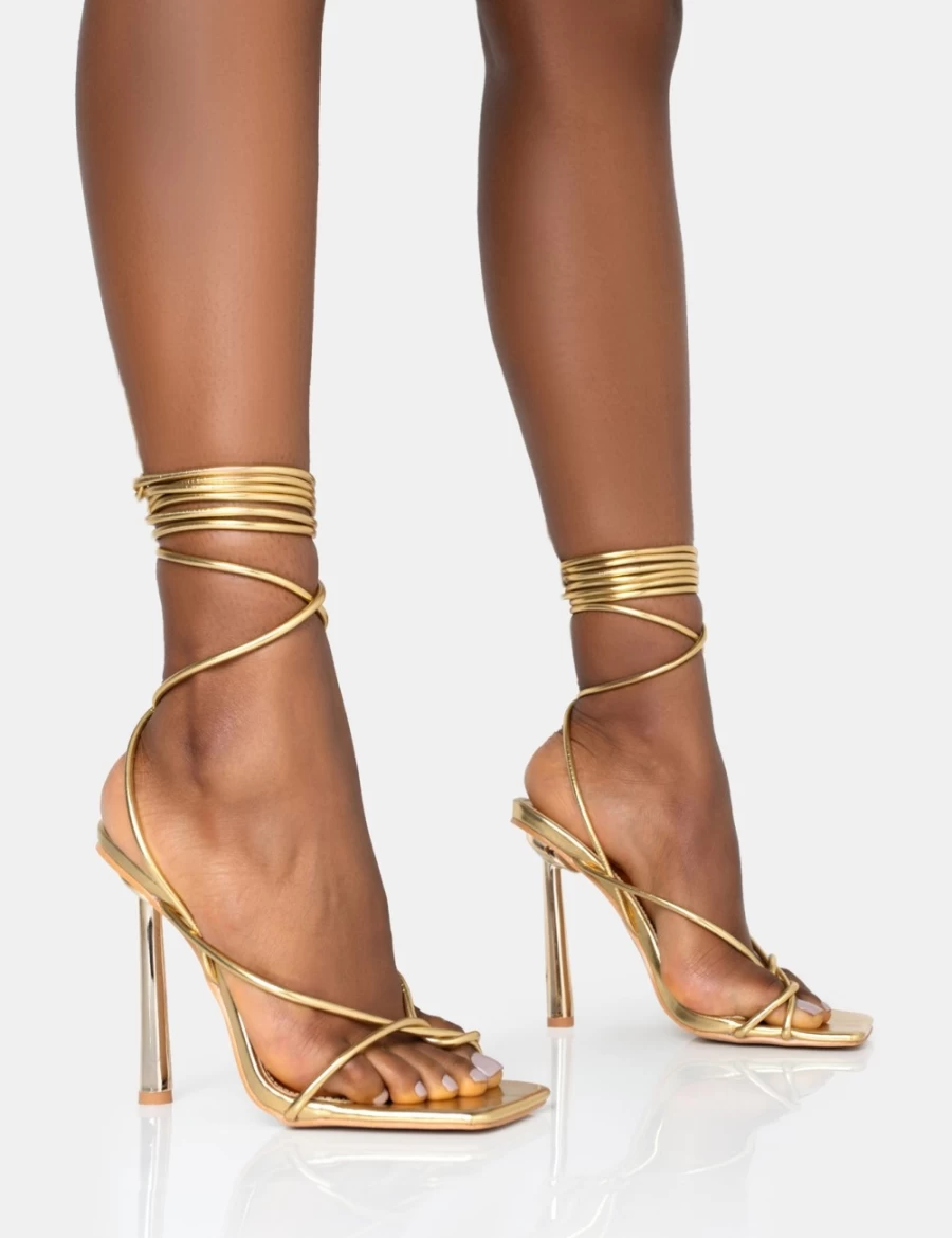 Public Desire Gold Lacey Metallic Square Toe Strappy Heels for Women - Stiletto Lace Up Sandals