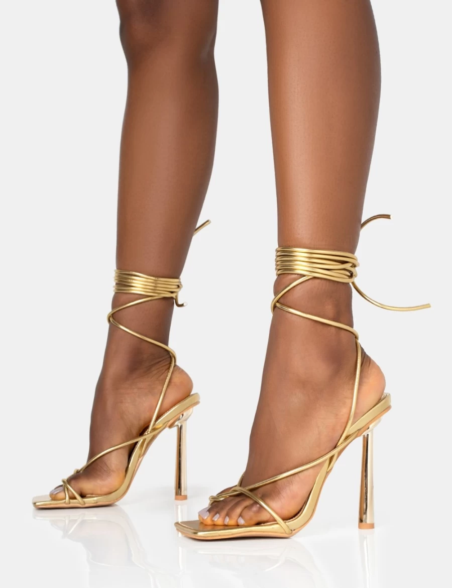 Public Desire Gold Lacey Metallic Square Toe Strappy Heels for Women - Stiletto Lace Up Sandals