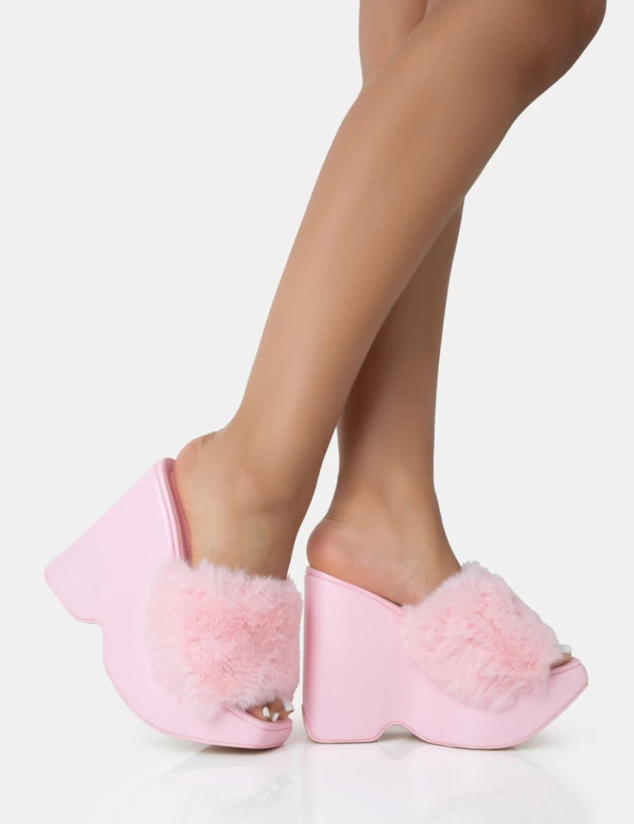 Public Desire Pink Faux Fur Platform Wedge Heels for Women - Cute & Stylish