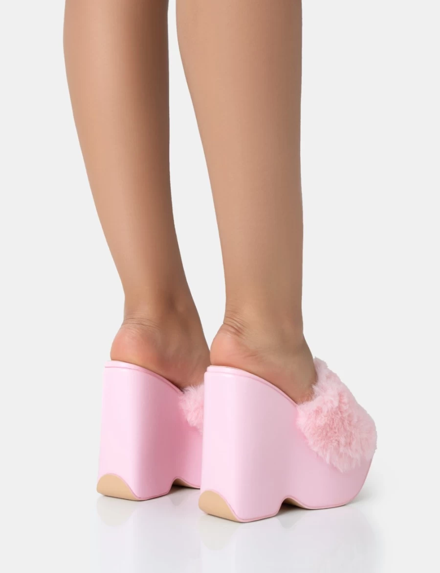 Public Desire Pink Faux Fur Platform Wedge Heels for Women - Cute & Stylish