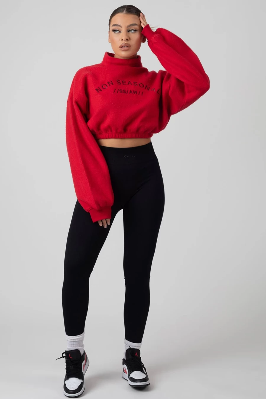 "Public Desire Women's Red Oversized High Neck Embroidered Slogan Cropped Sweatshirt"