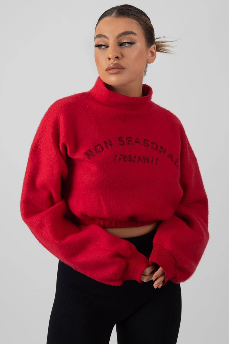 "Public Desire Women's Red Oversized High Neck Embroidered Slogan Cropped Sweatshirt"