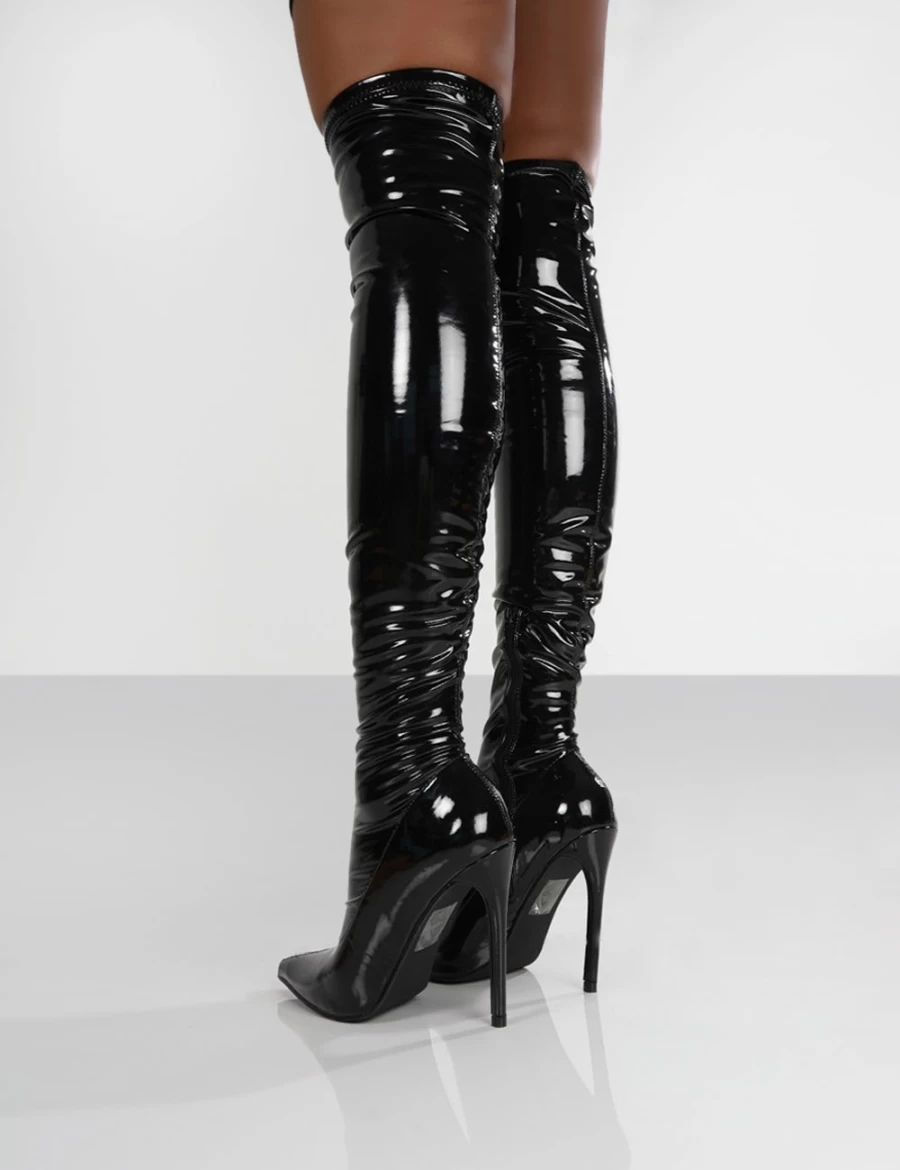 Public Desire Women's Black Confidence Patent Stiletto Heel Over The Knee PU Boots