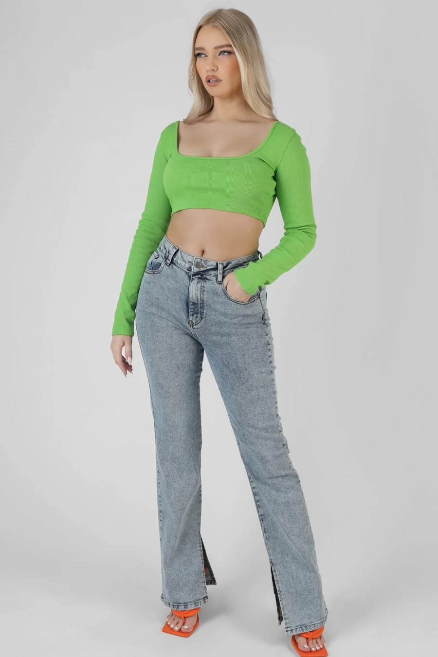 Women's Green Square Neck Long Sleeve Crop Top by Public Desire