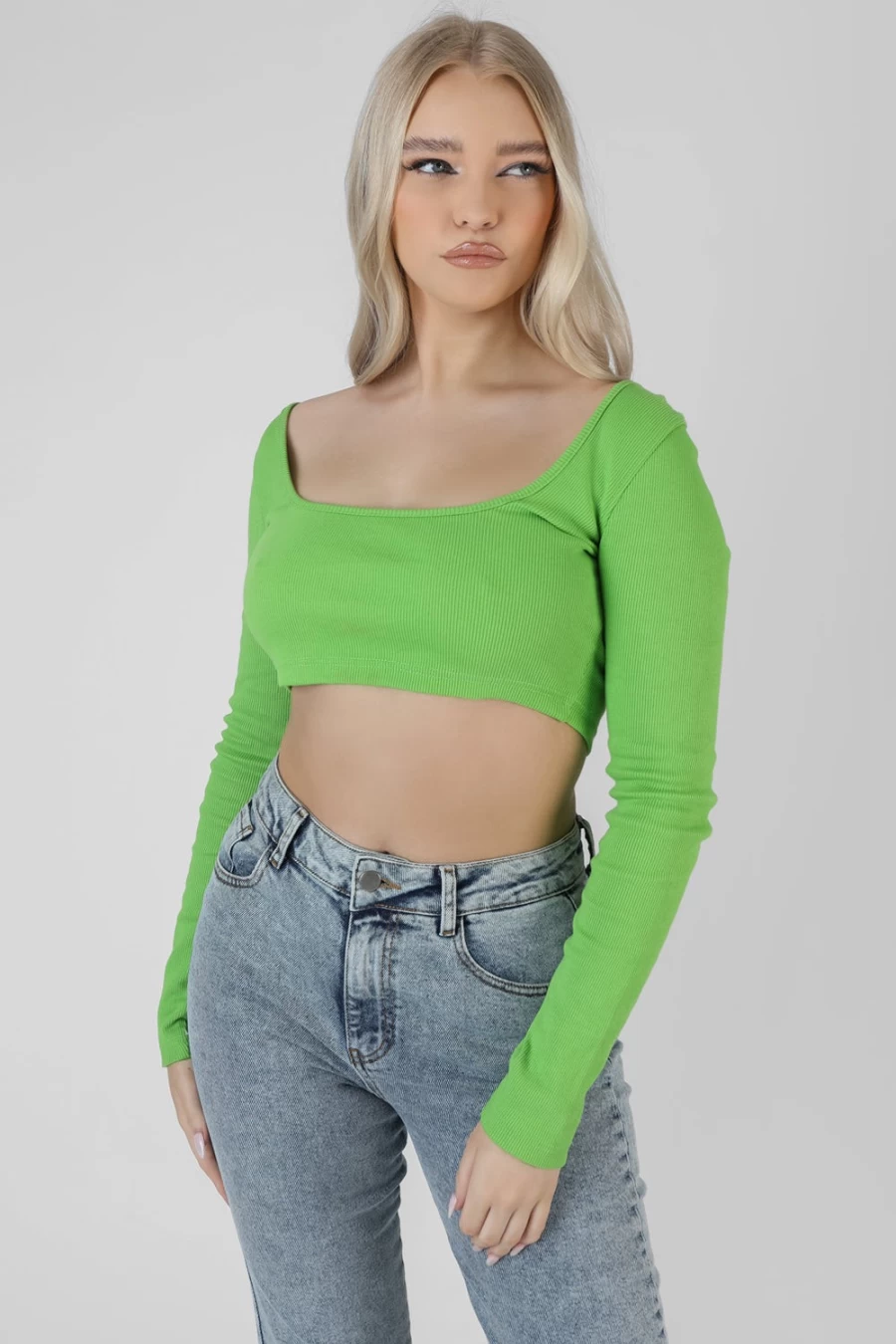 Women's Green Square Neck Long Sleeve Crop Top by Public Desire