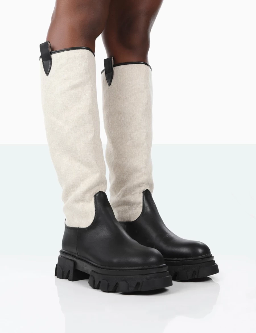 Public Desire Women's Black Genius PU Knee High Boots with Linen Detail & Chunky Platform Sole