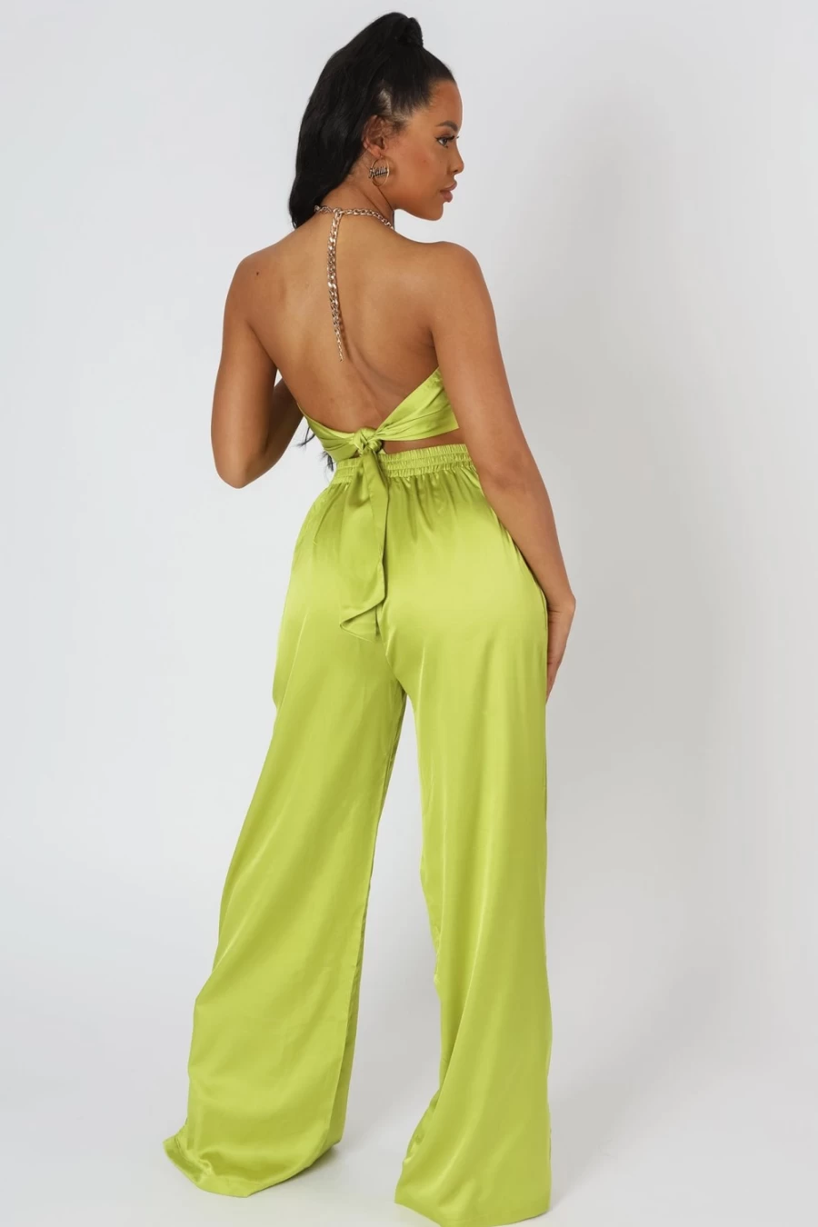 Public Desire Women's Lime Satin Chain Halterneck Top