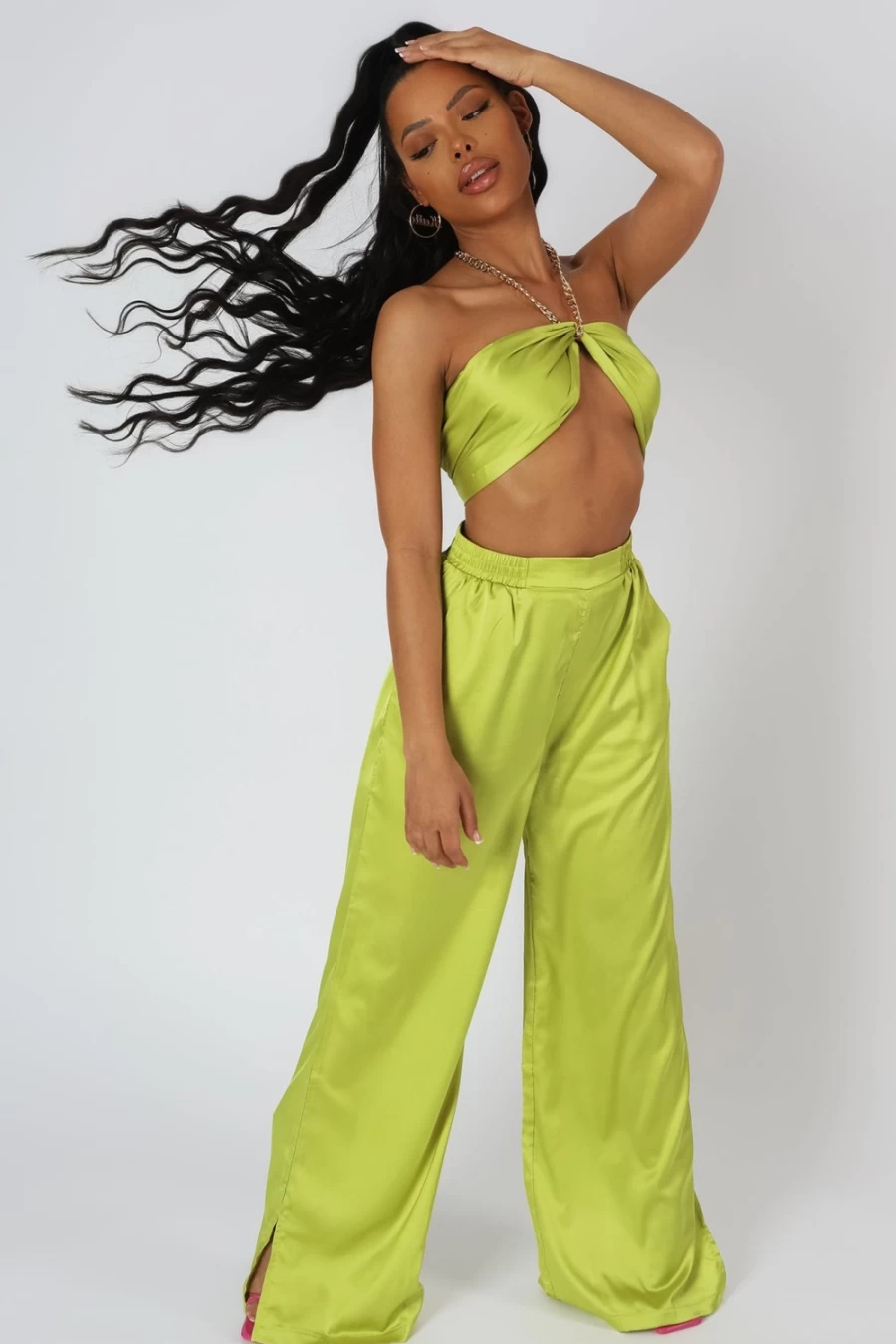 Public Desire Women's Lime Satin Chain Halterneck Top
