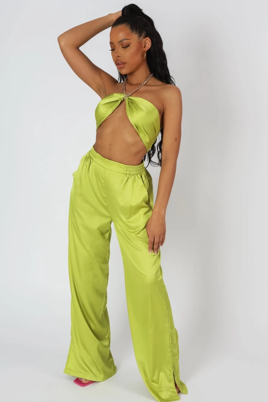 Public Desire Women's Lime Satin Chain Halterneck Top
