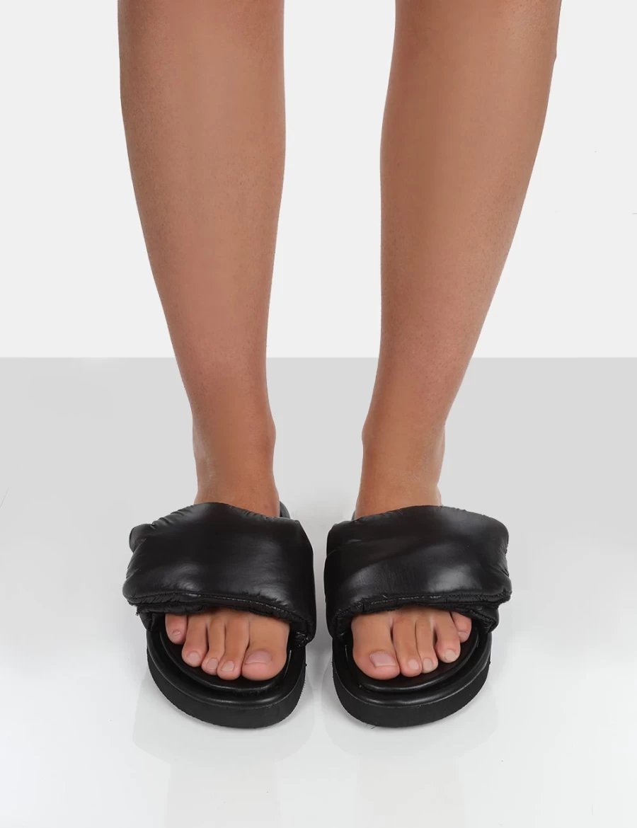 "Public Desire Women's Black Nylon Padded Slide Sandals - Comfortable & Sweet Style"