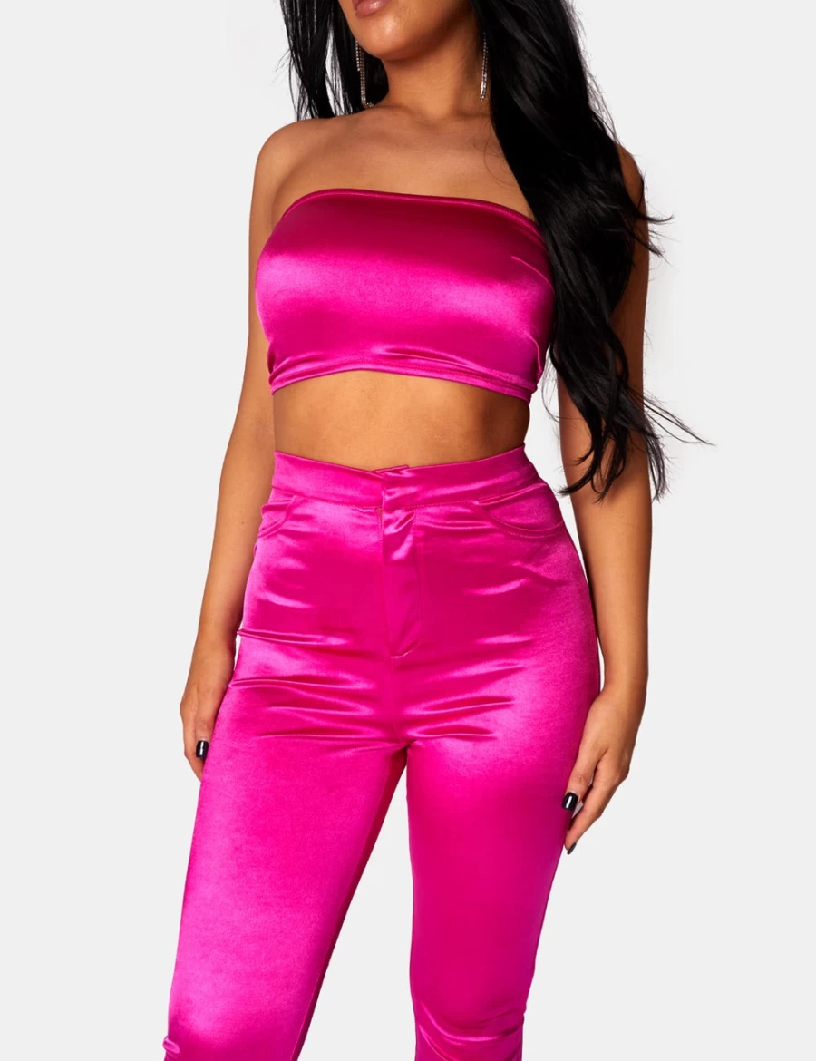 Public Desire Women's Disco Pink Skinny Leg Trousers 70s Retro High Waist Pants