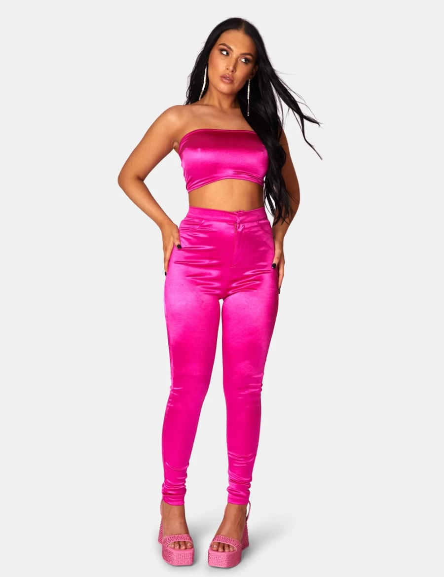 Public Desire Women's Disco Pink Skinny Leg Trousers 70s Retro High Waist Pants