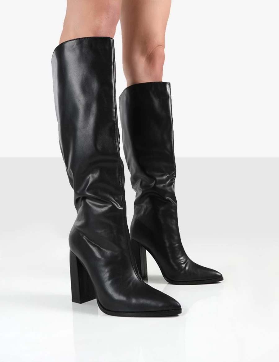 Public Desire Women's Black Posie Pu Knee High Block Heel Boots