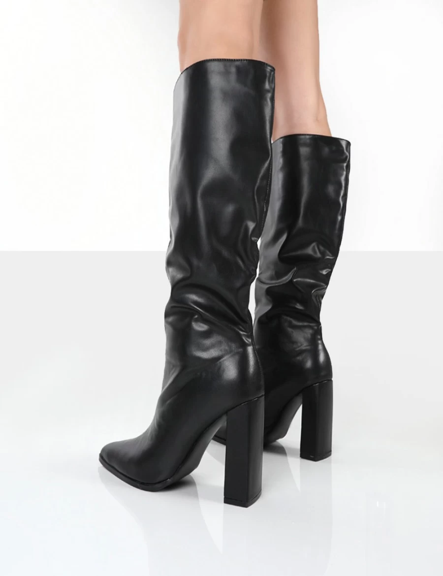 Public Desire Women's Black Posie Pu Knee High Block Heel Boots