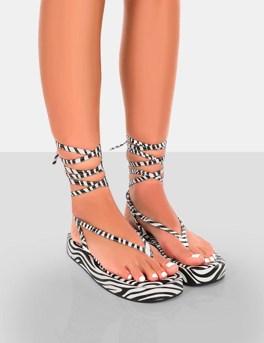 Public Desire Women's Zebra Flatform Sandals - Lace-Up Toe Thong Beach Shoes