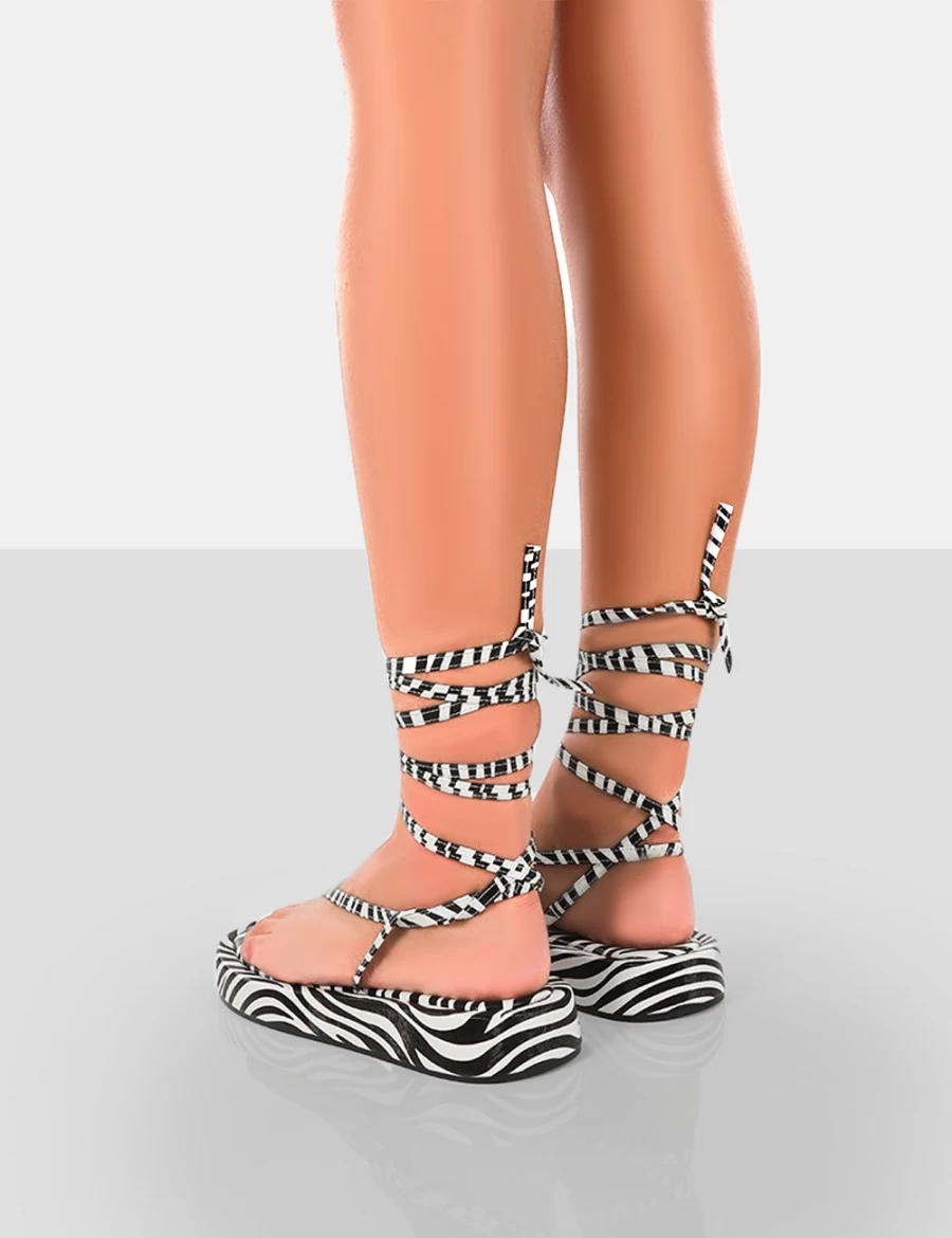 Public Desire Women's Zebra Flatform Sandals - Lace-Up Toe Thong Beach Shoes