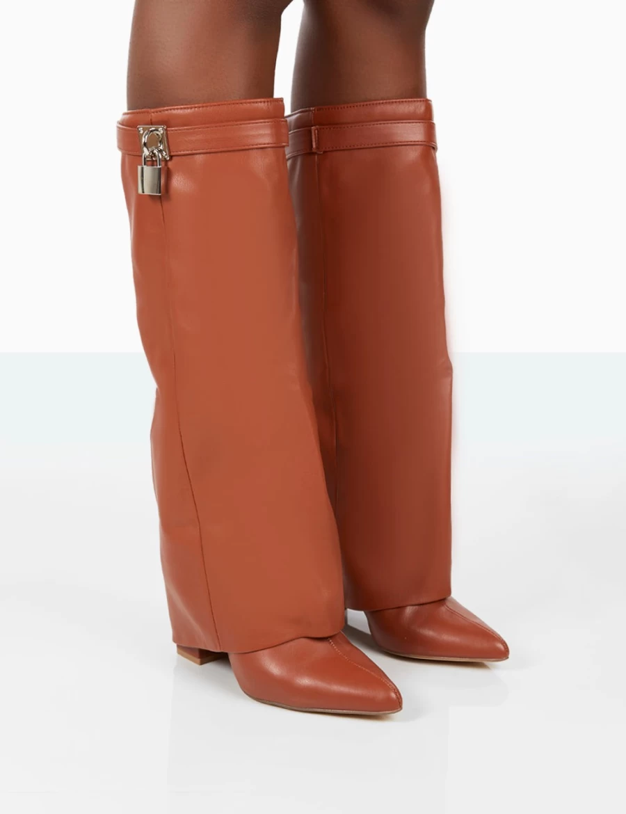 Public Desire Women's Tan Echo Grain PU Knee High Block Heel Pointed Toe Boots
