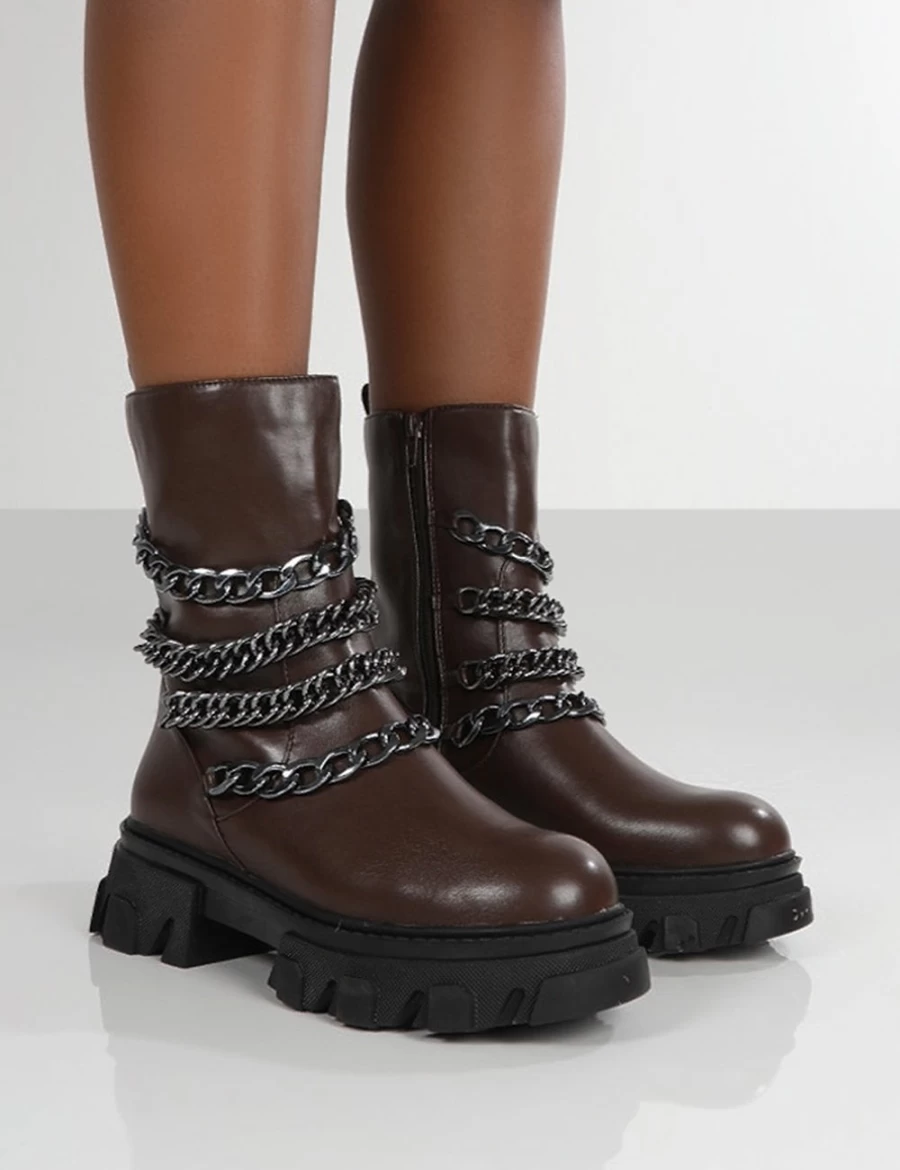 "Public Desire Women's Brown Restrain Chocolate PU Chain Detail Ankle Boots with Chunky Platform Sole"