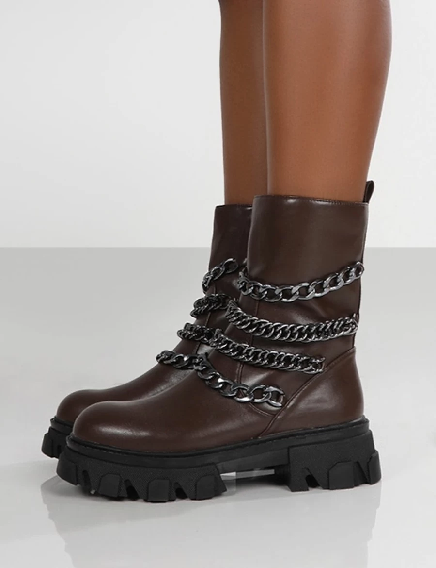 "Public Desire Women's Brown Restrain Chocolate PU Chain Detail Ankle Boots with Chunky Platform Sole"