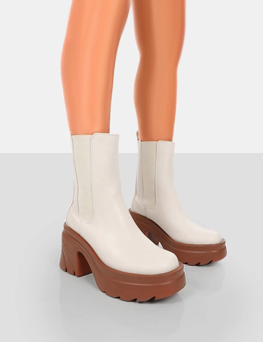 Public Desire Women's Ecru Brown PU Chunky Heel Platform Ankle Boots