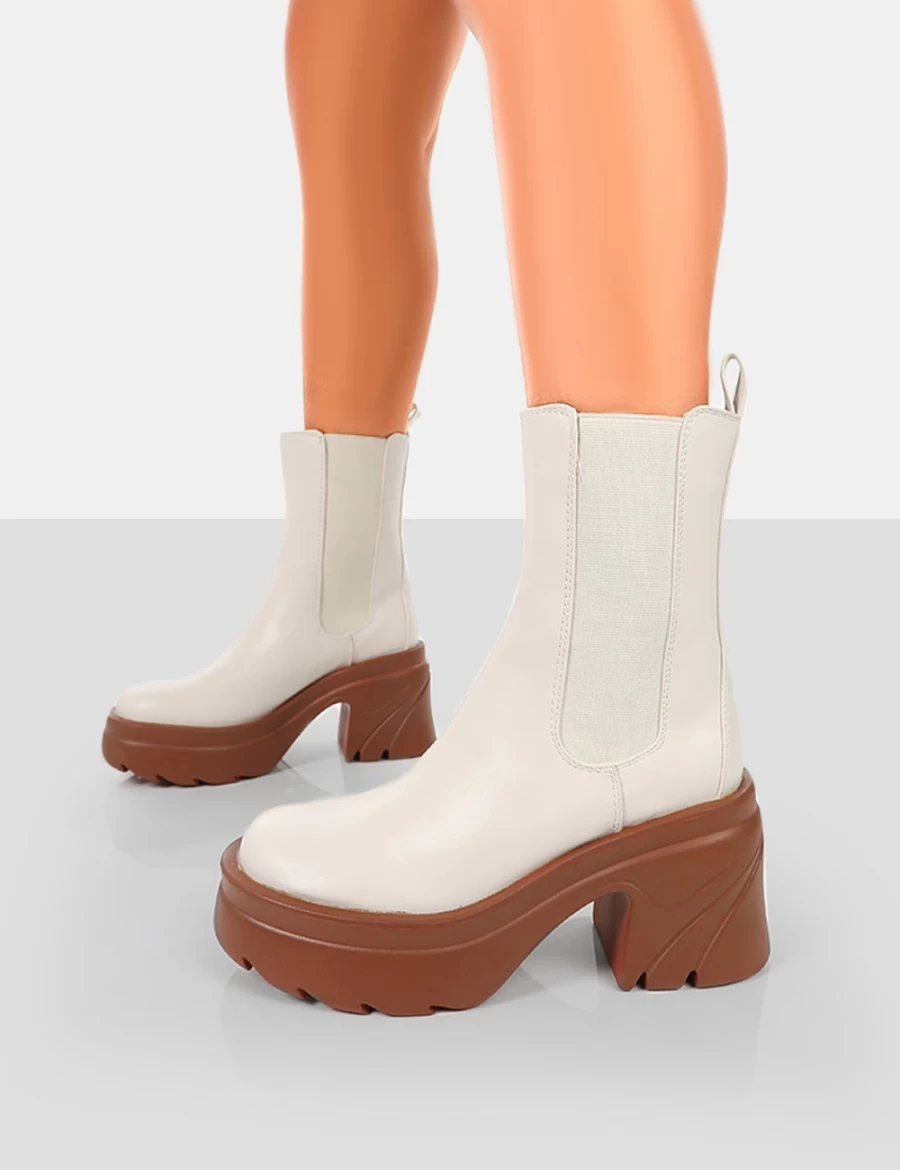 Public Desire Women's Ecru Brown PU Chunky Heel Platform Ankle Boots