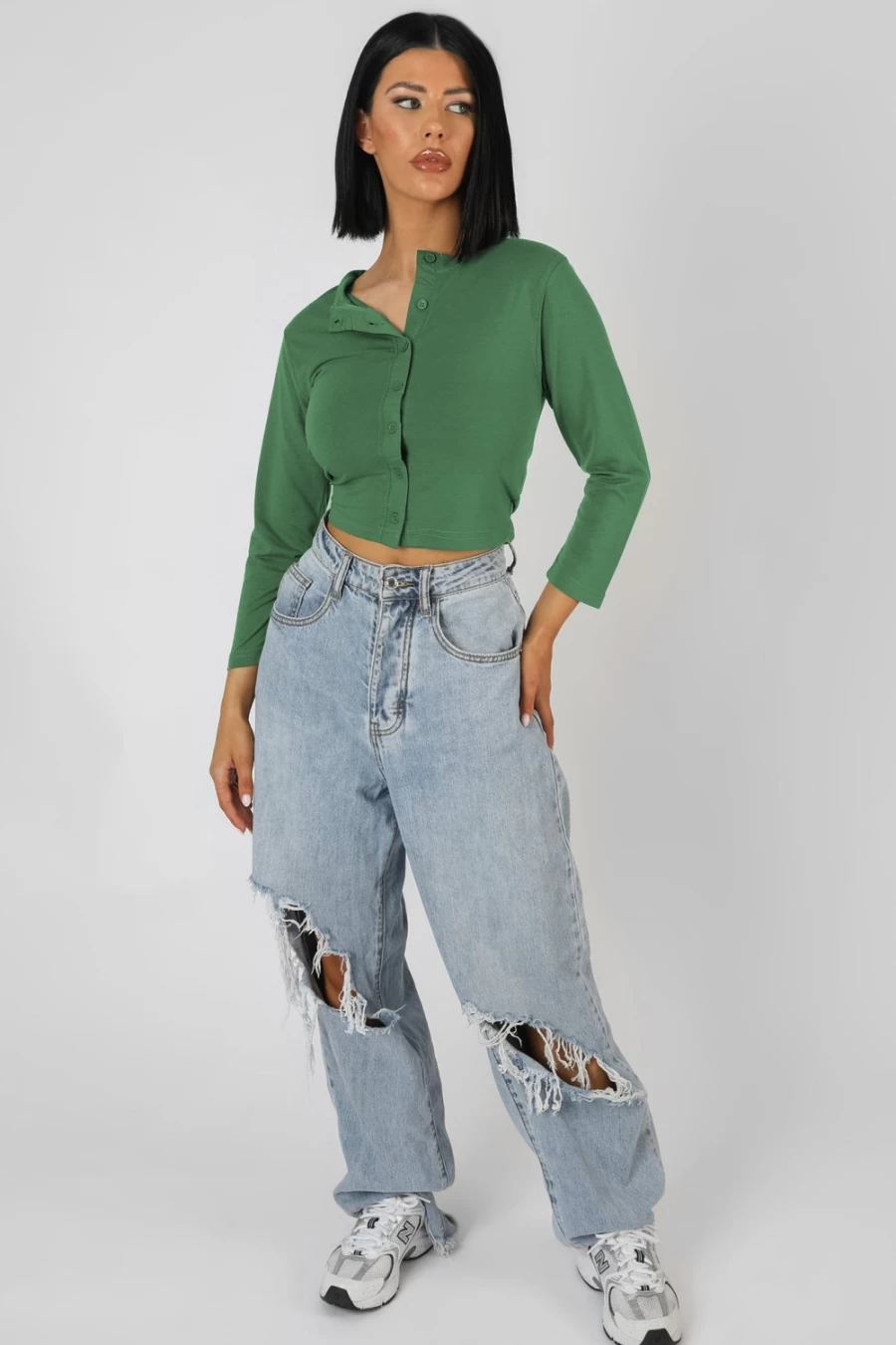 Public Desire Women's Khaki Button Front Long Sleeve Crop Top