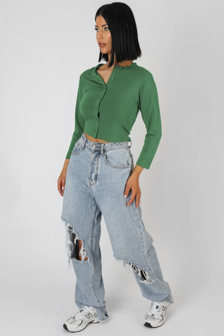 Public Desire Women's Khaki Button Front Long Sleeve Crop Top
