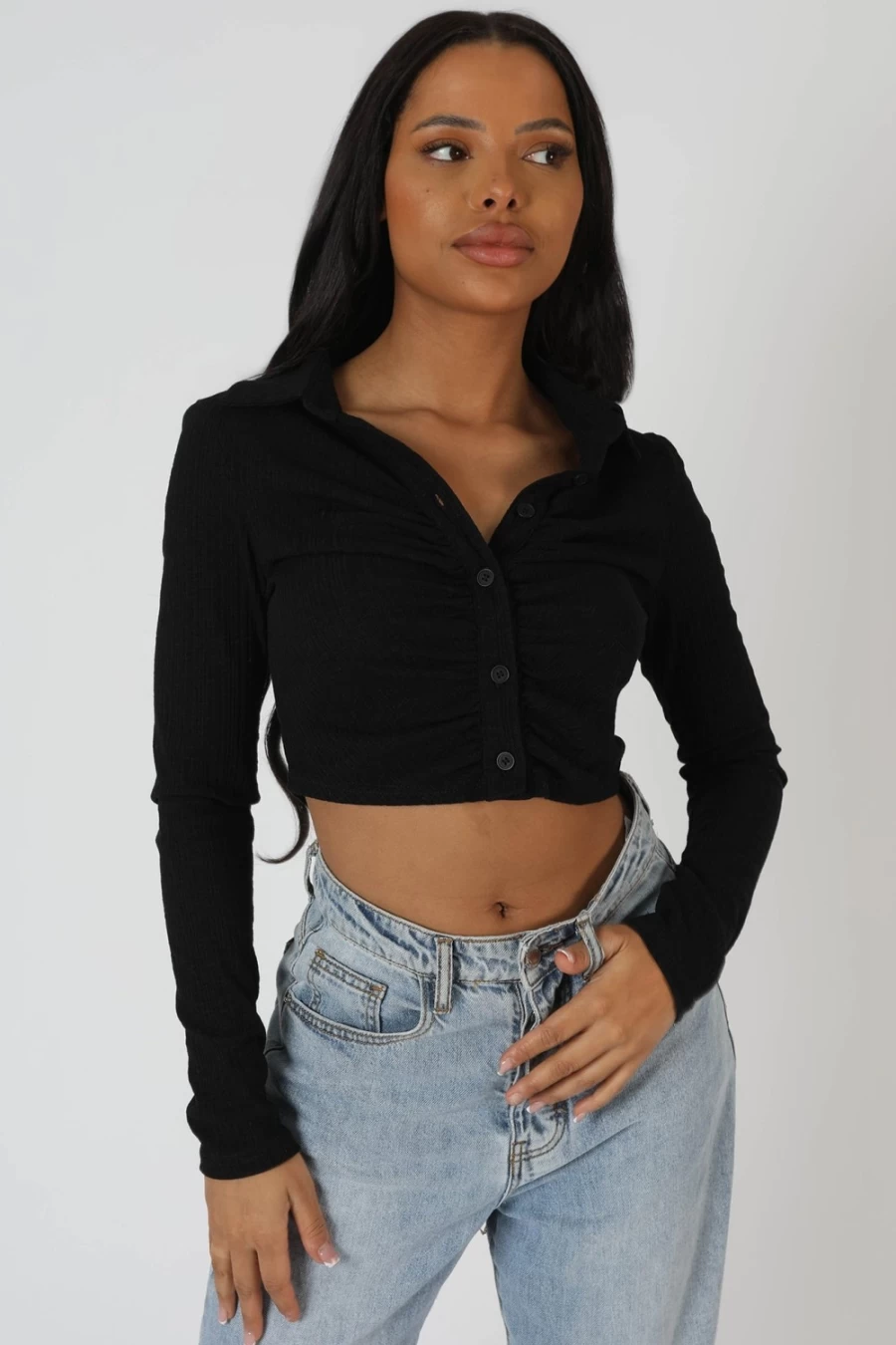 "Public Desire Women's Black Button Front Ruched Top - Stylish & Elegant Blouse"