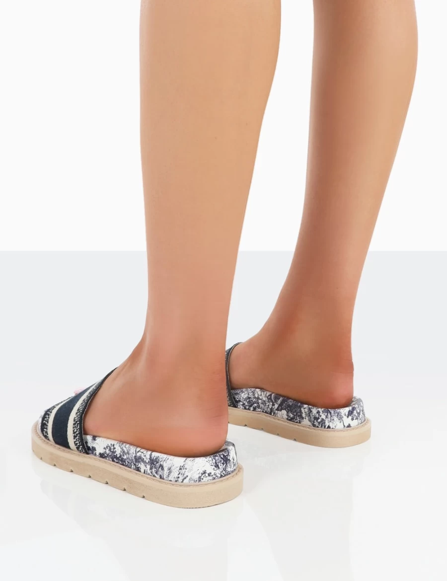 Public Desire Women's Navy Toile Embroidered Slide Sandals