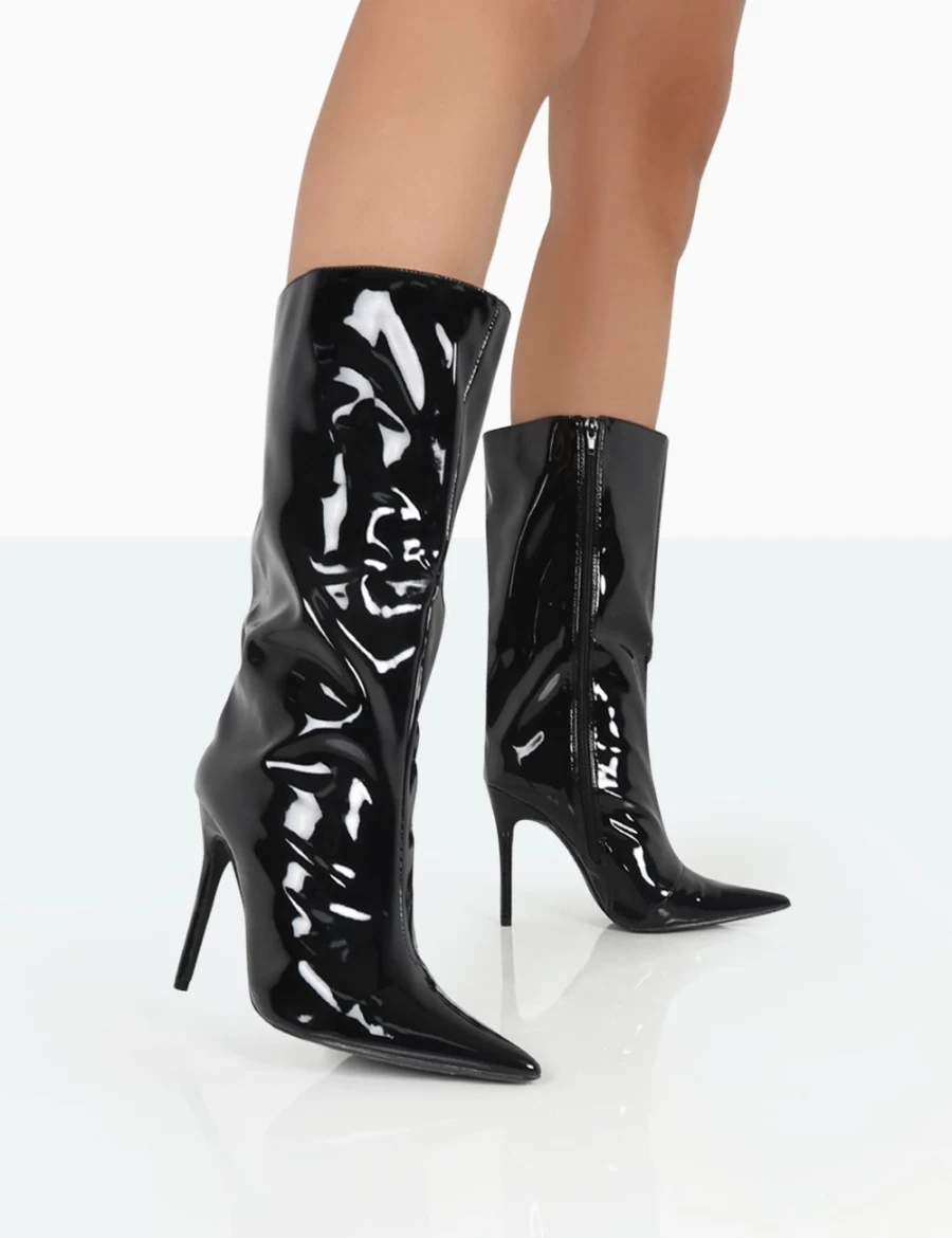 Public Desire Wanda Black Patent PU Pointed Toe Stiletto Knee High Boots for Women