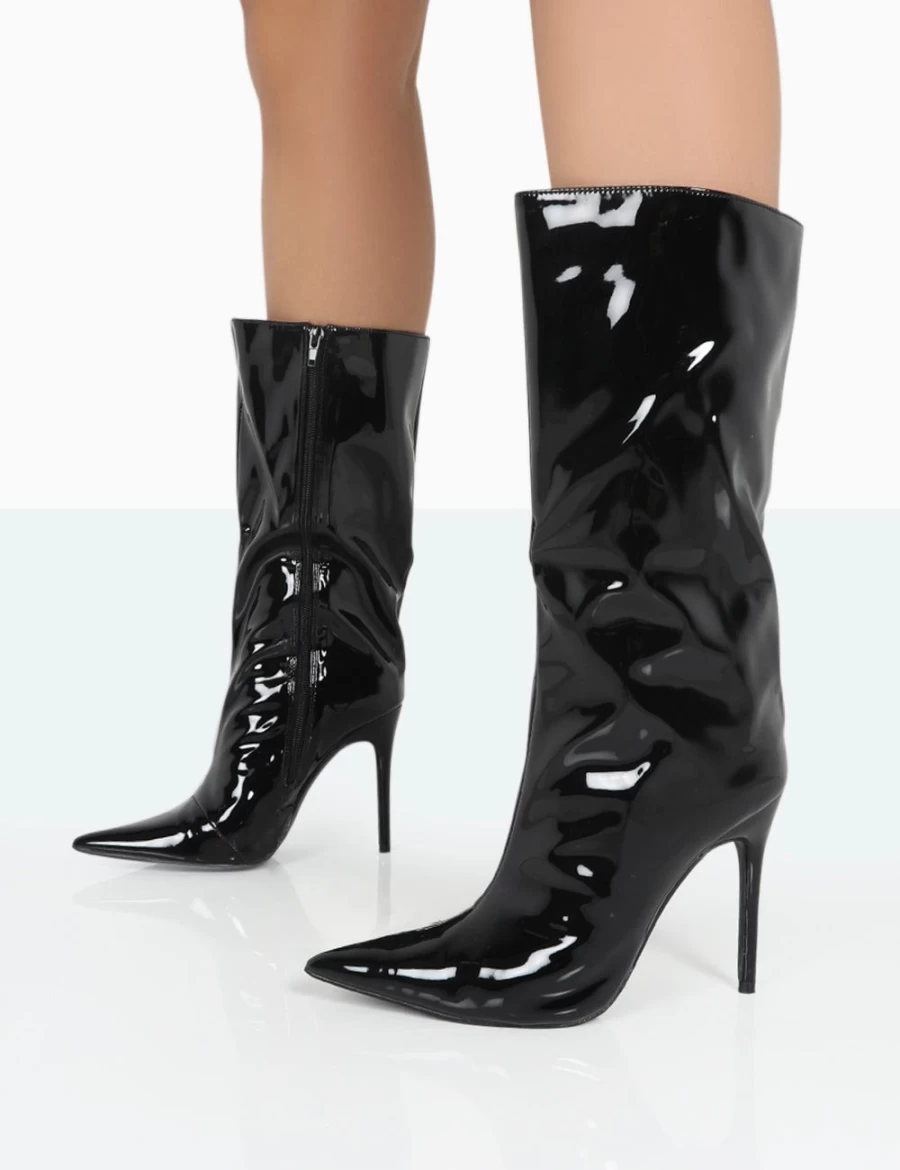 Public Desire Wanda Black Patent PU Pointed Toe Stiletto Knee High Boots for Women