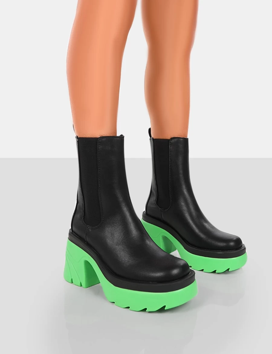 Public Desire Women's Green Chunky Heel Ankle Boots - Platform PU Leather Step Up Style