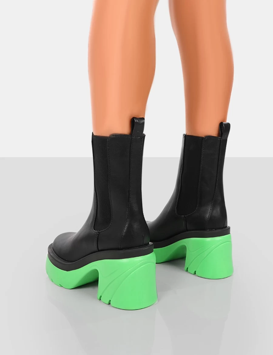 Public Desire Women's Green Chunky Heel Ankle Boots - Platform PU Leather Step Up Style