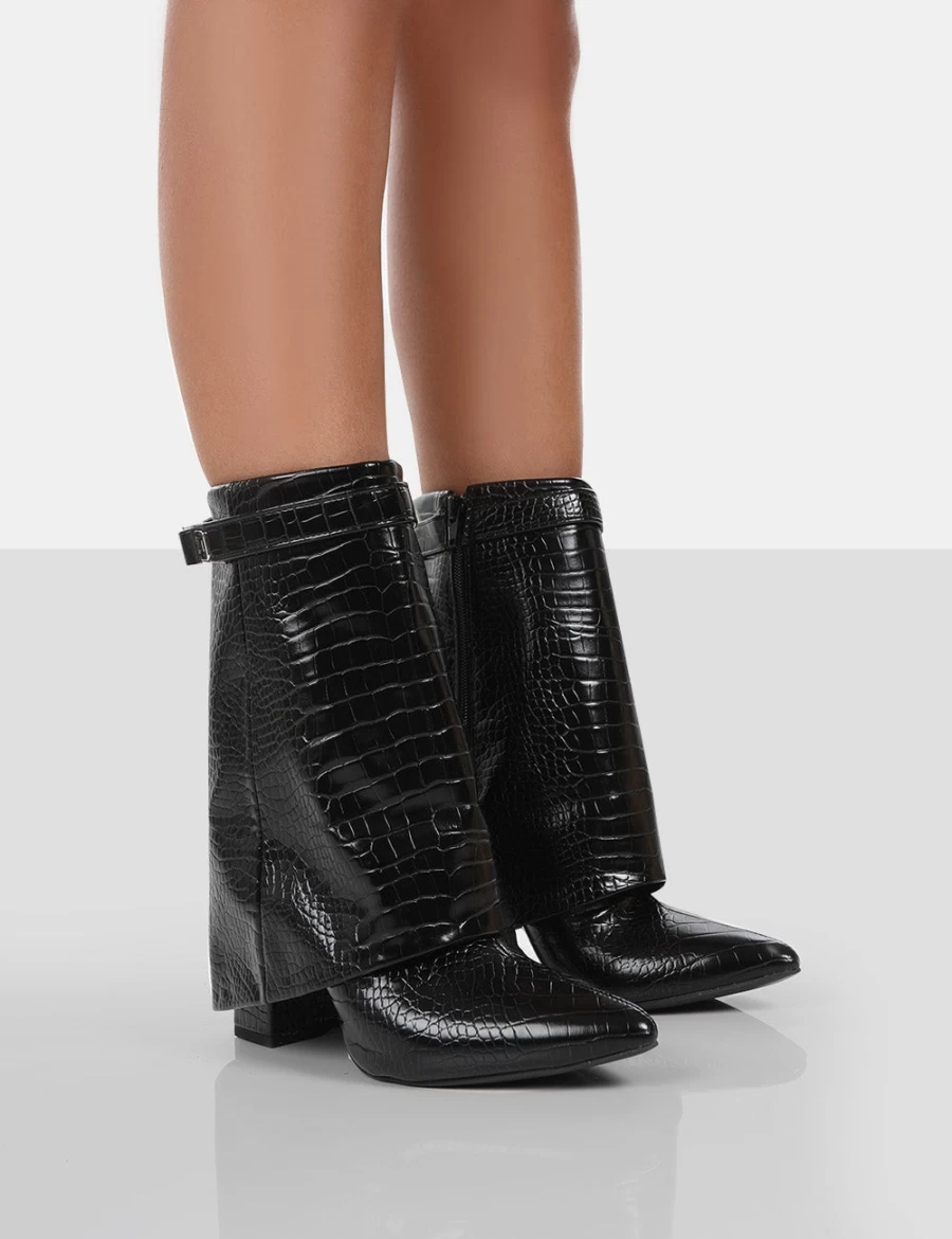 Public Desire Women's Black Fyre Croc Pointed Toe Block Heel Ankle Boots