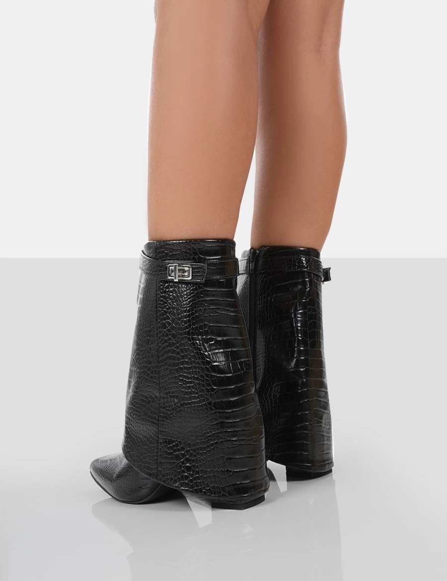 Public Desire Women's Black Fyre Croc Pointed Toe Block Heel Ankle Boots