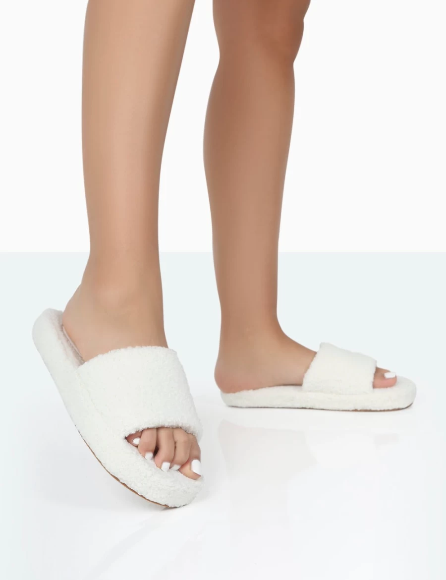 Public Desire Women's Ecru Vale Borg Fluffy Slide Slippers
