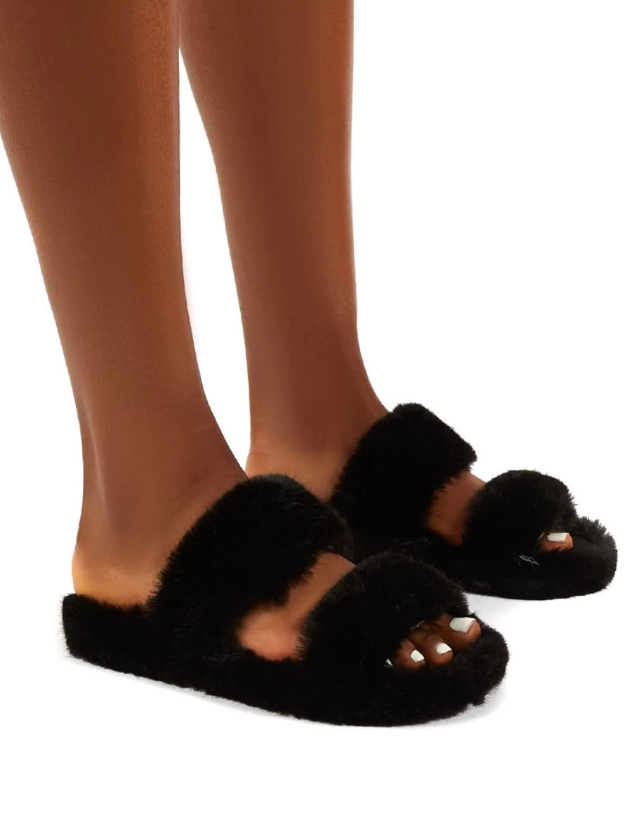 Public Desire Women's Black Teddi Fluffy Faux Fur Double Strap Slide Slippers