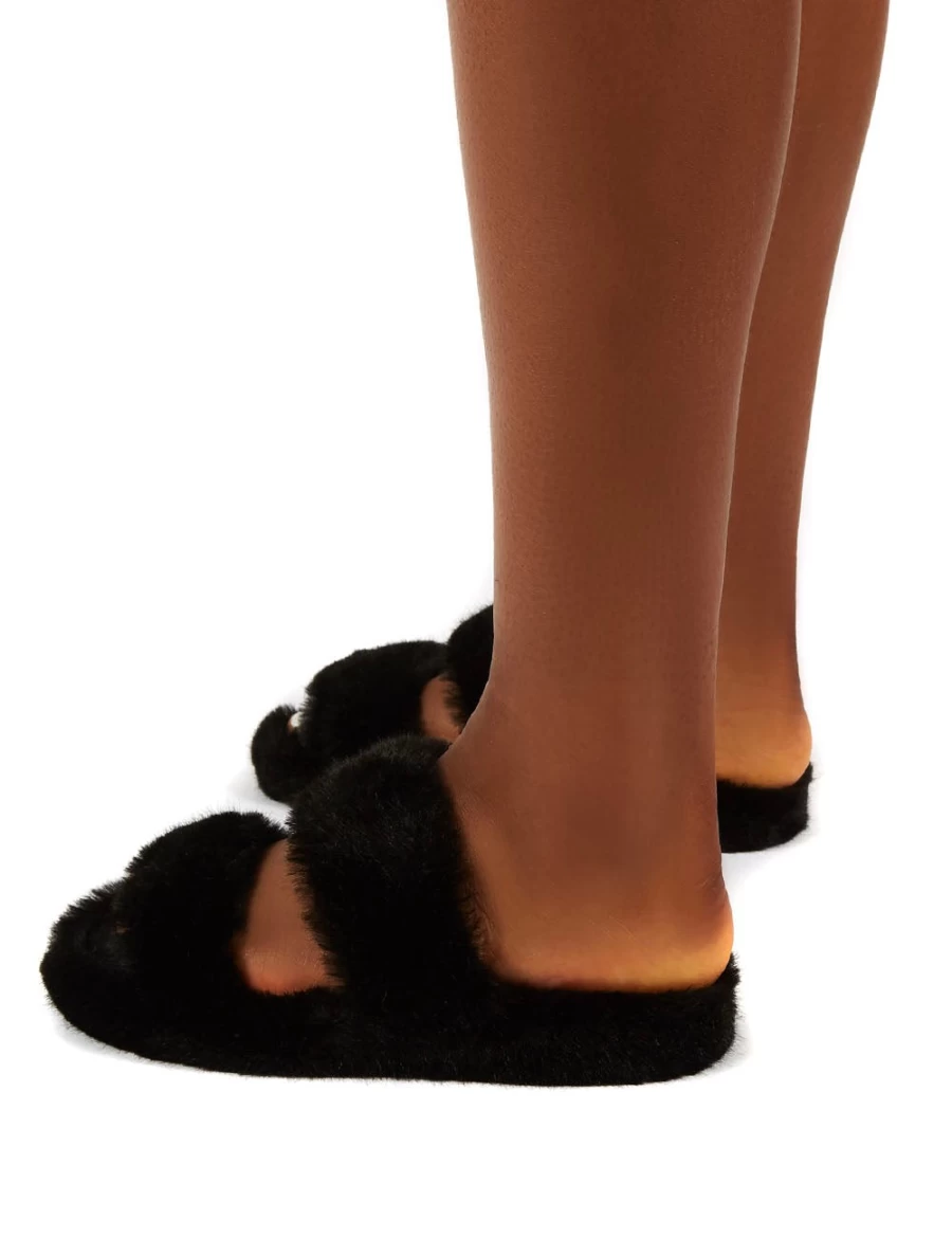 Public Desire Women's Black Teddi Fluffy Faux Fur Double Strap Slide Slippers