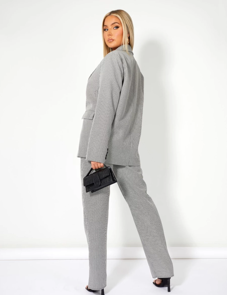 Public Desire Women's Grey Houndstooth Print Straight Leg Trousers with Split Hem Detail