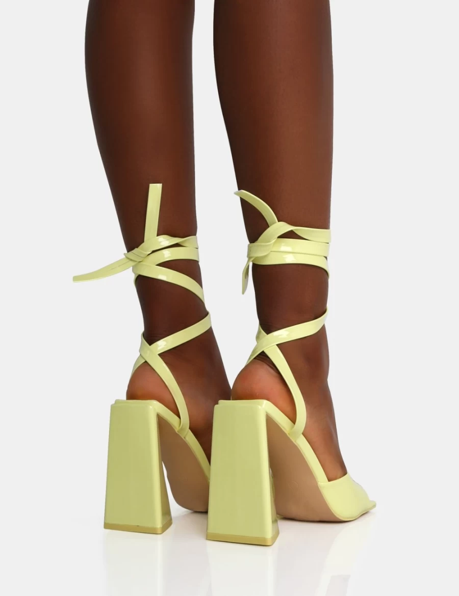 Public Desire Women's Yellow Mojito Patent Lace Up Block Heels with Pyramid Detail