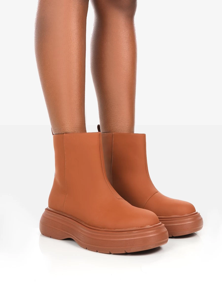 Public Desire Women's Tan Caia Platform Chunky Sole Ankle Boots