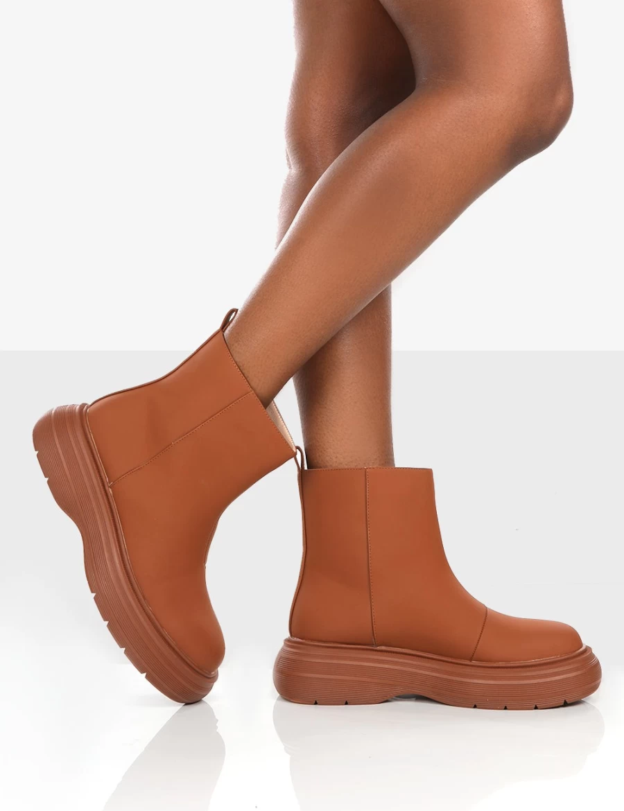 Public Desire Women's Tan Caia Platform Chunky Sole Ankle Boots