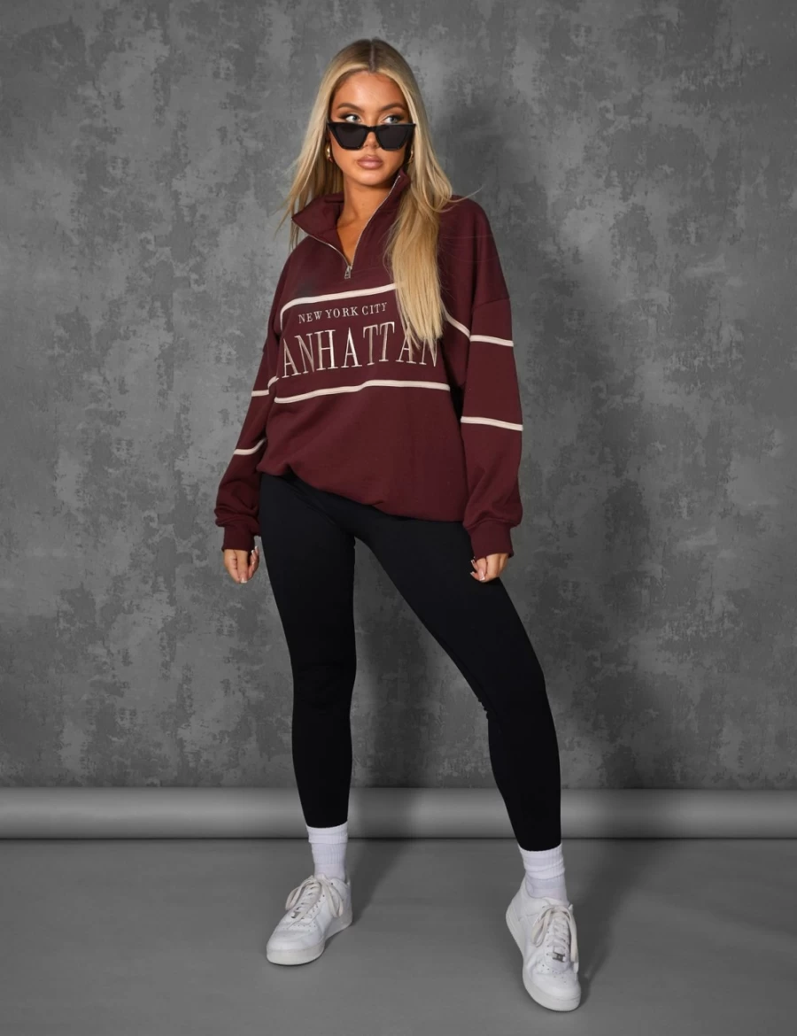 Public Desire Women's Red Half Zip Pullover Sweatshirt - Manhattan Slogan Style