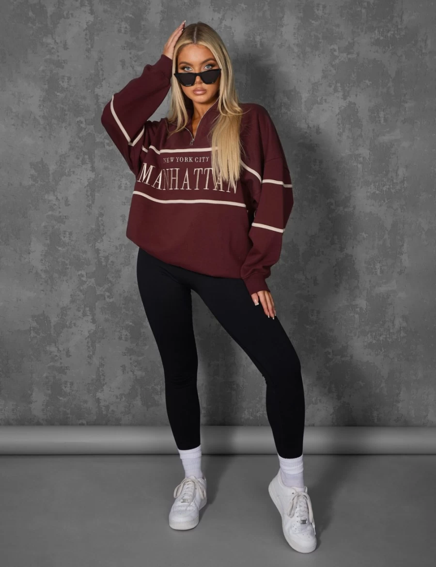 Public Desire Women's Red Half Zip Pullover Sweatshirt - Manhattan Slogan Style