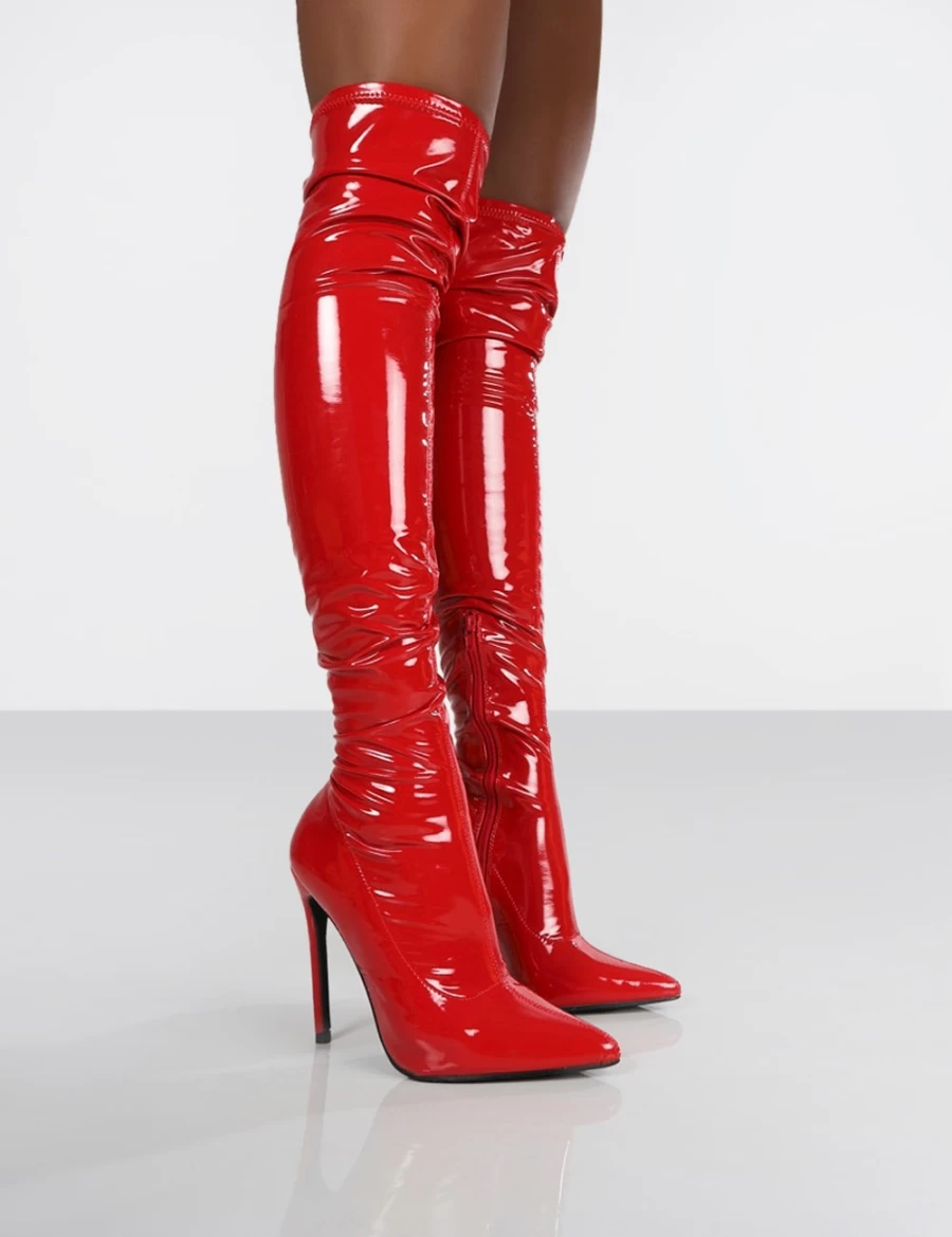 Public Desire Women's Black Patent Chunky Sole Knee High Boots - Take Chance Style